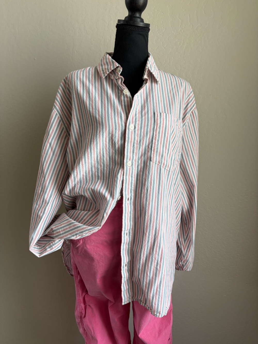 Urban Outfitters Striped Button-Down Shirt in Pink, White & Green